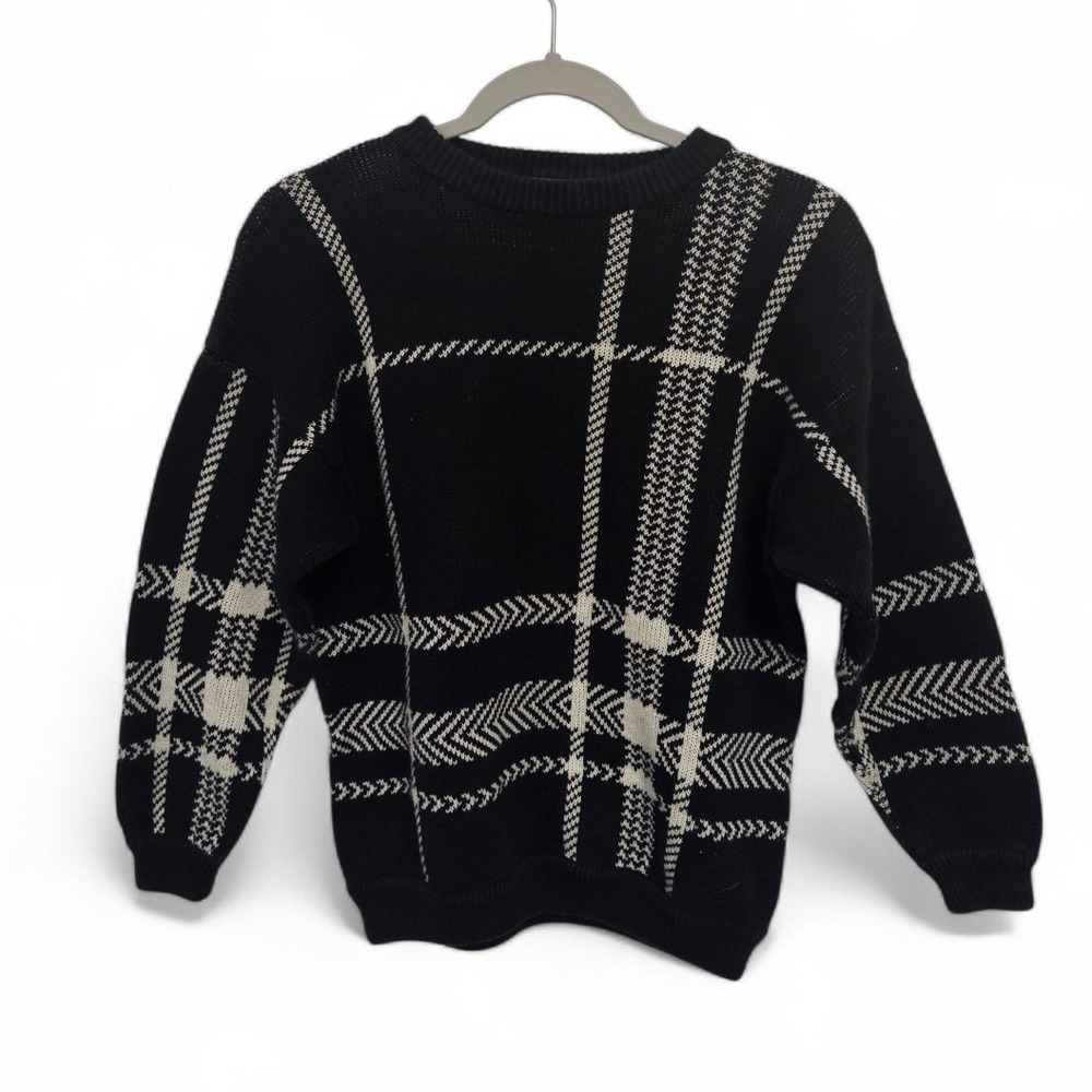 Vintage 90s Lizwear Black White Plaid Cotton Knit Crewneck Sweater‎ Vintage PM